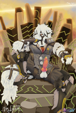 5_fingers accessory animal_genitalia animal_penis anthro balls belt biped black_highlights bottomwear bulge butler canine_genitalia canine_penis chest_tuft clothing erection evening eye_patch eyewear fingerless_gloves fingers fluffy fluffy_tail fur genital_piercing genitals gloves hair handwear highlights_(coloring) looking_at_viewer male muscular muscular_anthro muscular_male pants penis penis_piercing piercing prince_albert_piercing prosthetic prosthetic_leg prosthetic_limb red_eyes ring solo straps tail text topwear tuft unzipped unzipped_pants vein veiny_penis vest white_body white_fur white_hair zipper jinyeon mihoyo zenless_zone_zero von_lycaon canid canine canis mammal thiren wolf 2025 absurd_res digital_media_(artwork) digital_painting_(artwork) hi_res huge_filesize painting_(artwork)