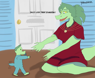 afterimage anthro biped breasts clothed clothed_anthro clothed_female clothed_male clothing door dress duo female fingers freckled_face freckles good_parenting green_body green_hair grey_eyes hair happy humanoid_hands inside jewelry long_hair male medium_breasts motion_lines necklace neutral_expression non-mammal_breasts object_in_mouth open_mouth open_smile pacifier pacifier_in_mouth plantigrade red_clothing red_dress shadow short_hair sitting smile standing tail tail_motion tailwag text toddler yellow_sclera young young_anthro young_male yakuzanon cavemanon_studios i_wani_hug_that_gator olivia_halford trent_(iwhtg) baryonyx dinosaur prehistoric_species reptile saurischian scalie spinosaurid theropod 2025 artist_name colored hi_res shaded mother_(lore) mother_and_child_(lore) mother_and_son_(lore) parent_(lore) parent_and_child_(lore) parent_and_son_(lore) son_(lore)