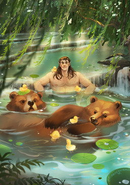 bathing bathing_together brown_body brown_fur brown_hair druid feathers feral fur group hair long_hair magic_user male nipples partially_submerged pecs pond scar smile tattoo tribal_spellcaster yellow_body yellow_feathers ribbonentrails baldur's_gate baldur's_gate_3 larian_studios halsin_(baldur's_gate) anatid anseriform avian bear bird duck elf humanoid mammal hi_res