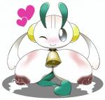 2017 areola big_breasts black_eyes blush bodily_fluids breasts chinchira_(pixiv13404505) cowbell female floette front_view generation_6_pokemon green_body heart_symbol huge_breasts humanoid lactating legless looking_at_viewer nintendo nipples one_eye_closed pokemon pokemon_(species) simple_background sitting smile solo white_background white_body wink