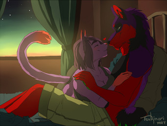 anthro bed biped breasts clothed clothing duo eyes_closed female furniture heart_symbol inside male male/female pillow sky smile star starry_sky sunrise sunset tsukinori canid canine felid mammal 4:3 digital_media_(artwork)