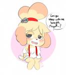 anthro blush breasts clothed clothing female fur hair half-closed_eyes narrowed_eyes nipples open_mouth panties partially_clothed simple_background solo speech_bubble text underwear yellow_body yellow_fur vallycuts animal_crossing nintendo isabelle_(animal_crossing) canid canine canis domestic_dog mammal shih_tzu toy_dog 2018 english_text