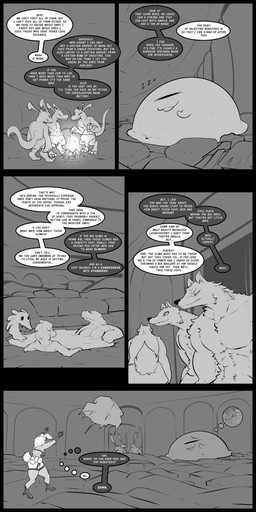 anthro bath belt big_breasts breasts campfire clothed clothing collar curvy_figure dream dungeon ear_piercing female fishnet_clothing group jewelry lean_muscle male mostly_nude piercing profanity skimpy sleeping text thick_thighs thought_bubble utility_belt voluptuous wide_hips lagotrope mythology animate_inanimate canid canine canis demon goo_creature imp lagomorph leporid living_clothing mammal mythological_canine mythological_creature rabbit werecanid werecanine werecreature werewolf wolf 1:2 2017 absurd_res comic english_text hi_res monochrome