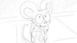 16:9 animal_crossing anthro clothed clothing dialogue_in_description dragonweirdo eyewear female glasses greyscale hands_behind_back hi_res mammal monochrome mouse murid murine nintendo outside petri_(animal_crossing) rodent round_glasses smile solo sweater_around_neck wearing_glasses widescreen