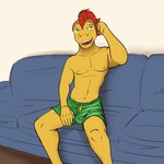 1:1 agumon anthro anthrofied bandai_namco barely_visible_genitalia barely_visible_penis boxers_(clothing) boxers_only clothed clothing digimon digimon_(species) digimorph furniture fuze genitals hi_res male mohawk navel nipples on_sofa penis sitting sofa solo topless underwear underwear_only waking_up