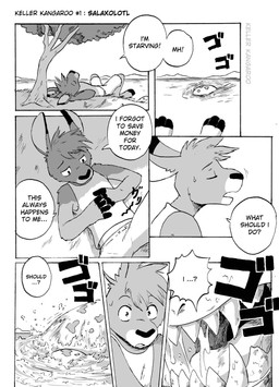 ambiguous_gender anthro bodily_fluids comic_panel dialogue duo feral grass island male open_mouth outside plant saliva speech_bubble teeth_showing text tree kellerkangaroo keller_kangaroo amphibian aquatic axolotl kangaroo macropod mammal marsupial mole_salamander salamander 2023 comic english_text hi_res monochrome