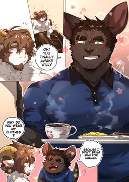 2_horns anthro anthro_on_anthro beard bedding beverage black_body black_fur black_hair blanket blue_clothing blue_shirt blue_topwear bread breakfast brown_hair clothed clothing collared_shirt comic_panel container cup dialogue duo eyebrow_scar eyebrows facial_hair facial_scar floral_markings food fur green_eyes hair horn male male/male markings muscular muscular_anthro muscular_male nipples pecs polo_shirt scar scrambled_eggs shirt speech_bubble star tea tea_cup text toast topless topwear white_body white_fur booboo34 joe_turner william_dalton bovid caprine goat hybrid kangaroo macropod mammal marsupial rhinoceros 2021 absurd_res comic english_text hi_res