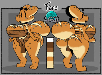 anthro barefoot big_breasts big_butt bottomwear bread breasts butt cleavage clothed clothing color_swatch eyelashes feet female food front_view loincloth open_mouth rear_view salt short_stack solo tail srgreja fare_breadbold_(srgreja) bread_creature food_creature hybrid kobold scalie