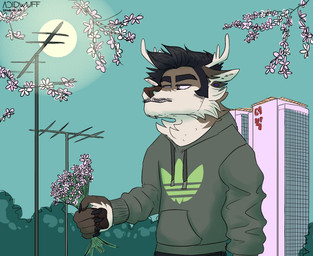 2_horns anthro antlers blue_eyes brown_body brown_fur cheek_tuft cherry_blossom clothed clothing ear_piercing facial_tuft flower fur gauged_ear green_clothing green_hoodie green_topwear hoodie horn male narrowed_eyes neck_tuft piercing plant prunus_(flower) sky solo sun tan_body tan_fur topwear tuft acidwuff deer mammal half-length_portrait hi_res portrait
