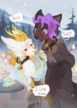 anthro biped blush claws dialogue duo fingers front_view fur hair horn male nude nude_anthro nude_male sitting speech_bubble standing tail teeth text reysi mythology domestic_cat dragon felid feline felis mammal mythological_creature mythological_scalie scalie 2026 digital_drawing_(artwork) digital_media_(artwork) english_text
