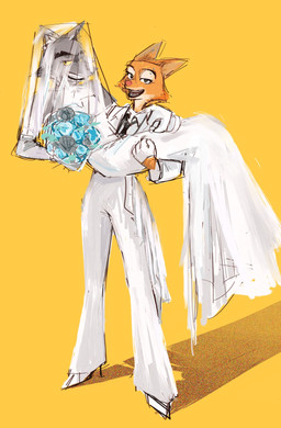 anthro black_nose bottomwear brown_body brown_fur canon_couple carrying_another carrying_partner clothed clothing crossdressing dress duo eyebrows female flower fur grin looking_at_viewer male male/female necktie open_mouth orange_body orange_fur pants pink_nose plant role_reversal shadow simple_background smile standing submissive submissive_anthro submissive_male suit thick_eyebrows veil wedding wedding_dress yellow_background j0i7n1g3_oo dreamworks the_bad_guys diane_foxington mr._wolf_(the_bad_guys) canid canine canis fox mammal wolf hi_res sketch