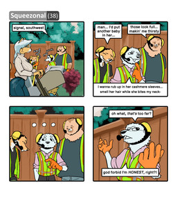 anthro awkward black_clothing black_shirt black_topwear bottomwear breasts clothing dialogue dialogue_box dirty_talk female fur gloves green_eyes group hair handwear looking_at_another male neonate ogling orange_body orange_clothing orange_fur orange_gloves orange_handwear outside pants plant safety_vest shirt sweater tan_body tan_fur text topwear vest white_body white_fur white_hair working young hieronymusjohnson abdullah_(hieronymusjohnson) kilo_(hieronymusjohnson) squeez_(hieronymusjohnson) canid canine canis domestic_dog fox mammal nordic_sled_dog samoyed spitz 2026 comic digital_drawing_(artwork) digital_media_(artwork) english_text hi_res mother_(lore) parent_(lore)