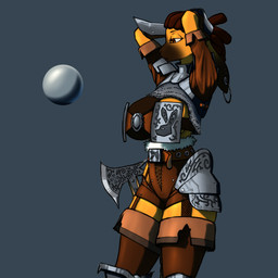anthro armor axe belt bikini_armor chainmail dreadlocks ear_piercing ear_ring female piercing ring_piercing solo unconvincing_armor ferretfolk rydae_(ferretfolk) lagomorph leporid mammal rabbit 1:1 digital_media_(artwork) hi_res
