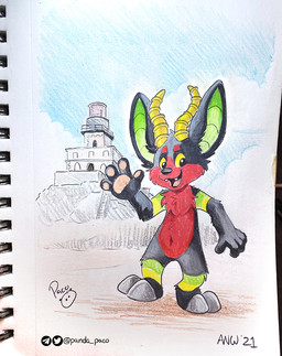 anthro black_body black_fur featureless_crotch front_view fur glistening glistening_eyes green_inner_ear green_markings horn logo looking_at_viewer male markings nude open_mouth open_smile outside red_body red_fur smile solo standing yellow_eyes yellow_horn yellow_markings young young_anthro young_male pandapaco species_request 2021 artist_logo dated full-length_portrait portrait signature traditional_media_(artwork)