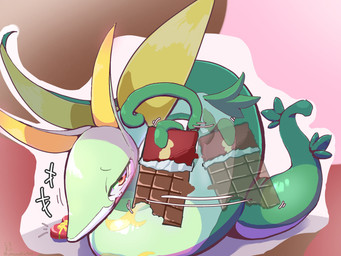 abstract_background afterimage ambiguous_feral ambiguous_gender blush blush_lines box_of_chocolates candy chocolate dessert emanata eyebrows feral food glistening glistening_eyes green_body half-closed_eyes holding_candy holding_chocolate holding_food holding_object holidays looking_at_viewer markings motion_lines multicolored_body narrowed_eyes open_mouth open_smile pink_tongue pupils red_eyes serpentine smile smiling_at_viewer smug snout solo tail teasing teasing_viewer tentacles tongue vine_tentacles white_body white_sclera yellow_body yellow_markings whitemuffin4680 nintendo pokemon valentine's_day generation_5_pokemon pokemon_(species) serperior 2025 4:3 digital_media_(artwork) full-length_portrait hi_res japanese_description portrait shaded