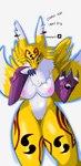 anthro areola big_breasts blue_eyes breasts claws countershading dipstick_tail ear_piercing ear_ring female fur genitals markings nipples nude piercing pink_areola pink_nipples pussy ring_piercing simple_background smile solo tail tail_markings tomoe_(symbol) white_body white_fur yellow_body elelite bandai_namco digimon canid digimon_(species) humanoid mammal renamon renamon_x x-digimon hi_res