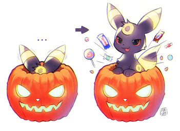 ambiguous_gender black_body black_fur candy dessert directional_arrow ellipsis fangs feral food fur glowing glowing_markings hiding holidays jack-o'-lantern lollipop markings open_mouth paws red_eyes ring_(marking) simple_background solo tail teeth tongue foxlett halloween nintendo pokemon eeveelution generation_2_pokemon pokemon_(species) umbreon signature