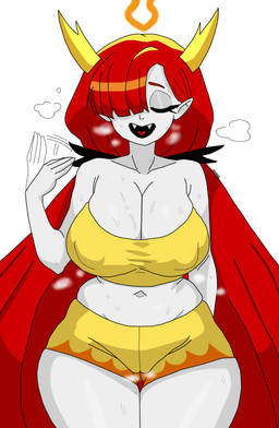 2_horns athletic_wear big_breasts bodily_fluids bottomwear breasts clothing curvy_figure eyelashes eyes_closed fangs female gym_bottomwear gym_shorts hair hair_over_eye horn hourglass_figure huge_breasts huge_hips huge_thighs humanoid_pointy_ears long_hair midriff motion_lines navel nipple_outline not_furry open_mouth open_smile pointy_ears red_hair sharp_teeth shorts simple_background small_waist smile solo sweat sweatdrop teeth text thick_thighs topwear tube_top v-cut voluptuous voluptuous_female voluptuous_humanoid white_background white_body white_skin wide_hipped_female wide_hipped_humanoid wide_hips yellow_bottomwear yellow_clothing yellow_shorts yellow_tube_top ghostec disney star_vs._the_forces_of_evil hekapoo horned_humanoid humanoid 2024 absurd_res artist_name digital_drawing_(artwork) digital_media_(artwork) hi_res watermark