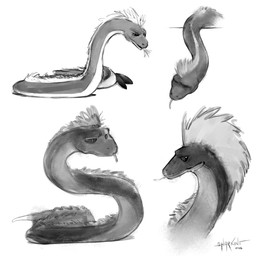 2_penises back_mane black_sclera blush eyebrows feral forked_tongue genitals light_belly looking_down male mane multi_genitalia multi_penis penis solo tongue sharkinthepark reptile scalie snake 1:1 2026 absurd_res greyscale hi_res monochrome sketch
