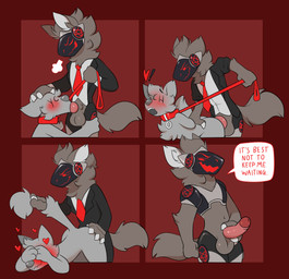 anal anthro blush clothing collar dialogue dominant dominant_male duo embarrassed erection fellatio from_behind_position genitals humanoid_genitalia humanoid_penis leash leash_pull machine male male/male necktie oral penile penis sex solo suit tail tail_pull text olive_cow protogen absurd_res english_text hi_res multiple_images