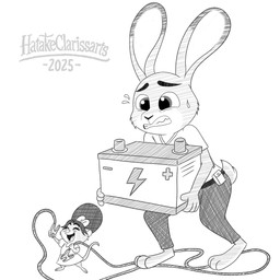 age_difference anthro battery car_battery duo female female_anthro jumper_cable older_anthro older_female perspective-incorrect_texturing young young_anthro young_female younger_anthro younger_female hatakeclarissarts disney inktober inktober_2025 zootopia judy_hopps arctic_shrew eulipotyphlan european_rabbit lagomorph leporid mammal oryctolagus rabbit shrew 1:1 2025 cross-hatching digital_drawing_(artwork) digital_media_(artwork) hatching_(art) monochrome shaded