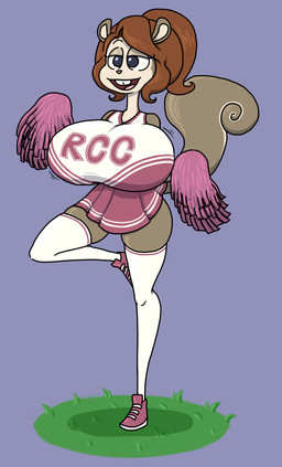 anthro big_breasts blue_background blue_eyes breast_jiggle breasts brown_body brown_fur brown_hair buckteeth cheerleader cheerleader_outfit clothing curled_tail female footwear fur grass hair huge_breasts jiggling legwear open_mouth open_smile pink_clothing pink_footwear pink_shoes plant pom_poms raised_leg shoes simple_background smile socks solo tail teeth thigh_highs thigh_socks vendant beth_(vendoingo) mammal rodent sciurid tree_squirrel absurd_res hi_res