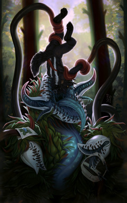 ambiguous_gender anthro black_body black_fur black_teeth black_tentacles blue_body butt camera fur group imminent_vore logo male nude outside plant red_tentacles sharp_teeth teeth tentacles upside_down whiskers white_body white_fur yellow_eyes riorix canid elemental_creature flora_fauna mammal 2022 artist_logo dated hi_res