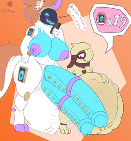 anthro areola balls belly big_balls big_belly big_breasts big_butt big_penis bodily_fluids breasts butt cutaway duo egg electronics eyebrows genital_fluids genital_piercing genitals gynomorph heart_symbol huge_balls huge_belly huge_breasts huge_penis hyper hyper_breasts hyper_genitalia hyper_penis hyper_pregnancy intersex looking_at_object machine male multi_genitalia multi_penis multiple_piercings nipples penis penis_piercing phone piercing pregnant pregnant_anthro pregnant_humanoid pregnant_male puffy_areola puffy_nipples size_difference text thick_eyebrows thick_thighs wide_hips conditional_dnp ori-doggo nintendo pokemon ori_(ori-doggo) x-cur510n generation_2_pokemon humanoid pokemon_(species) protogen smeargle absurd_res hi_res japanese_text pictographics nonbinary_(lore) trans_(lore) trans_woman_(lore)