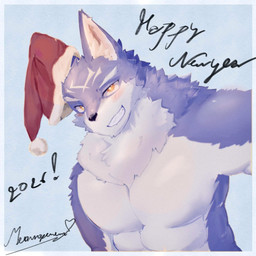 anthro black_nose christmas_clothing christmas_headwear clothing fur hat hat_only headgear headgear_only headwear headwear_only holidays male mostly_nude muscular muscular_anthro muscular_male purple_body purple_fur santa_hat solo white_body white_fur meowropenem christmas knights_college bayfleet_grayoar canid canine canis mammal wolf 1:1 2025 colored hi_res signature