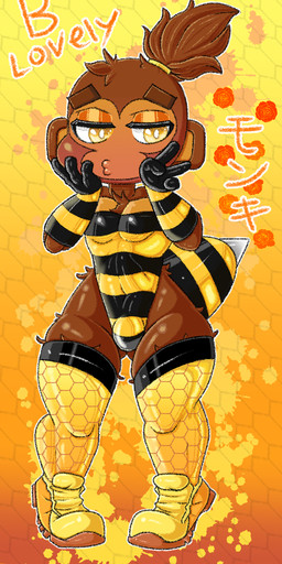 anthro armwear bee_costume bulge clothing eyeshadow femboy food footwear fur gesture hair hand_gesture hexagon honey_(food) katakana legwear leotard makeup male navel_outline pattern_clothing shoes solo stinger stockings striped_clothing stripes tail thigh_highs tied_hair v_sign flowersunink bloons_tower_defense ninja_kiwi dart_monkey_(bloons) haplorhine mammal monkey primate