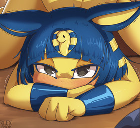 anthro ass_up bangs blue_eyeliner blue_hair blunt_bangs blush bob_cut bracelet crossed_arms doggystyle eyeliner face_in_hands female from_behind_position fur hair half-closed_eyes heart_eyes heart_symbol inside jewelry kettle lidded_eyes looking_pleasured lying makeup male male/female narrowed_eyes nude offscreen_character offscreen_male offscreen_sex on_front sex shaking solo spread_legs spreading text trembling uraeus yellow_body yellow_fur rilex_lenov animal_crossing nintendo ankha_(animal_crossing) domestic_cat felid feline felis mammal 2025 artist_name cropped digital_media_(artwork) full_version_at_paywall hi_res
