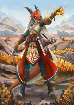 angry anthro armor clothed clothing detailed_background fanny_pack fire fully_clothed gloves handwear horn magic male mountain outside red_body red_clothing shirt solo topwear tunic white_body yellow_eyes plive reptile scalie 2020 absurd_res hi_res