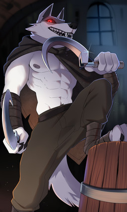 4_fingers abs anthro arm_wraps black_nose bodily_fluids bottomwear claws cloak clothing dual_wielding fingers holding_object holding_weapon male nipples pants red_eyes saliva sickle solo tongue tongue_out weapon wraps drmax dreamworks puss_in_boots_(franchise) death_(puss_in_boots) canid canine canis mammal wolf 2023 absurd_res digital_media_(artwork) hi_res