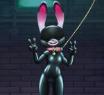 alec8ter anthro bdsm blindfold bodysuit buckteeth clothed clothing collar collar_tag conditional_dnp dipstick_ears disney female flat_chested front_view gesture gimp_suit hand_gesture hi_res huebris judy_hopps lagomorph latex leash leporid looking_at_viewer mammal mask multicolored_ears open_mouth rabbit skinsuit smile solo teeth text tight_clothing v_sign zipper zootopia