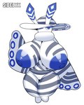 anthro areola big_breasts blue_areola blue_eyebrows blue_eyes blue_markings blue_nipples blue_pupils breasts chevron_(marking) clothing dewlap_(anatomy) eyebrows eyelashes featureless_feet feet female front_view genitals glistening glistening_areola glistening_eyes grey_markings grey_stripes hat headgear headwear huge_breasts looking_at_viewer markings nipple_dip nipples one_eye_closed pupils pussy simple_background solo standing striped_body striped_wings stripes sun_hat text thick_thighs white_background white_body white_clothing white_hat white_headwear white_skin white_text white_wings wide_hips winged_arms wings wink winking_at_viewer duskyer palworld pocketpair arthropod insect lepidopteran moth pal_(species) sibelyx 4:5 colored digital_drawing_(artwork) digital_media_(artwork) full-length_portrait portrait shaded species_name