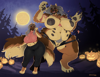 5_fingers anthro areola big_breasts black_areola black_nipples black_sclera bottomwear breasts brown_body brown_fur brown_tail clothed clothing curvy_figure denim denim_bottomwear denim_clothing eyebrows female fingers full_moon fur genitals grey_hair hair holidays huge_breasts jack-o'-lantern jeans long_hair moon multi_nipple multicolored_body multicolored_fur multicolored_tail navel night nipples open_mouth outside overweight overweight_anthro overweight_female pants pawpads pubes purple_eyes standing sweater tail tan_body tan_fur tan_tail teeth thick_thighs tongue tongue_out topwear torn_clothing transformation voluptuous vulva weight_gain wide_hips mainlinemojo halloween zahra_(caesium) canid canine canis domestic_dog mammal werecanid werecanine werecreature 2025 absurd_res hi_res