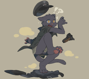 anthro balls belt biped black_body black_fur bodily_fluids bottomless bottomless_anthro bottomless_male buckle cheek_tuft claws clothed clothed_anthro clothed_male clothing discarded_clothing emanata facial_tuft finger_claws fingerpads flying_sweatdrops fur genitals gun handgun hat headgear headwear interrobang luger male male_anthro military_cap military_uniform on_one_leg pawpads paws pistol plantigrade ranged_weapon shocked simple_background solo standing surprised sweat sweatdrop tail toe_claws tuft uniform weapon whiskers yellow_eyes huka domestic_cat felid feline felis mammal 2017 digital_media_(artwork) hi_res