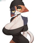 anthro beanie big_breasts blue_body blue_fur breasts cleavage closed_smile clothed clothing female fur hat headgear headwear mouth_closed multicolored_body multicolored_fur orange_body orange_fur pupils smile solo tail white_body white_fur white_tail yellow_eyes cooliehigh epic_games fortnite meow_skulls calico_cat domestic_cat felid feline felis mammal hi_res