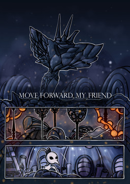 3_panel_comic ambiguous_gender antennae_(anatomy) anthro black_eyes eyewear female glasses inside outside particles sculpture solo statue text window netmors hollow_knight_(franchise) team_cherry cornifer_(hollow_knight) iselda_(hollow_knight) arthropod 2019 absurd_res comic english_text hi_res male_(lore)