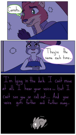 anthro bed bedding blanket describing_nightmare dialogue dream duo female fur furniture grey_body grey_fur lying male nightmare orange_body orange_fur pointy_ears rabbit_ears simple_coloring text trauma_dumping hahstudios disney zootopia judy_hopps nick_wilde canid canine european_rabbit fox lagomorph leporid mammal oryctolagus rabbit red_fox true_fox comic english_text