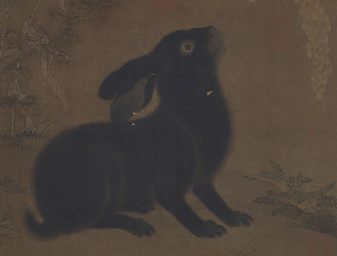 ambiguous_feral ambiguous_gender black_body black_fur detailed_background feral flower fur grass long_ears looking_up outside paws plant quadruped scut_tail short_tail side_view solo tail whiskers unknown_artist lagomorph leporid mammal rabbit ancient_art hi_res painting_(artwork) traditional_media_(artwork) traditional_painting_(artwork)