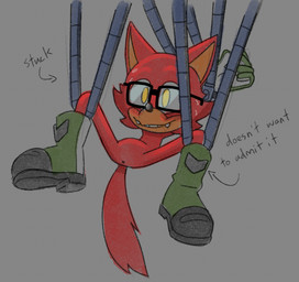 anthro anus blush bodily_fluids boots clothing eyewear featureless_chest featureless_crotch footwear glasses gloves handwear male nervous nervous_smile shoes snaggle_tooth solo stuck suspension sweat x_anus young young_anthro silverline sega sonic_the_hedgehog_(series) gadget_the_wolf canid canine canis mammal wolf colored_sketch sketch