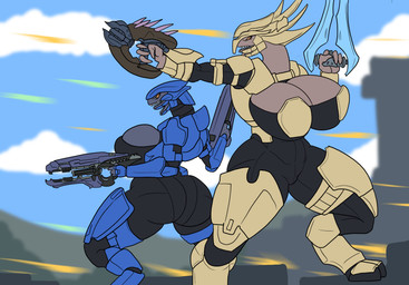 2_toes 4_fingers armor big_breasts breasts butt clothing digitigrade dual_wielding duo feet female fingers gun headgear helmet holding_gun holding_melee_weapon holding_object holding_ranged_weapon holding_rifle holding_sword holding_weapon hooves mandibles melee_weapon orange_eyes outside ranged_weapon rifle standing sword toes unguligrade weapon ninja-8004 halo_(series) microsoft xbox_game_studios alien humanoid sangheili hi_res