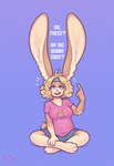 anthro biped blonde_hair blue_eyes bottomwear clothed clothing female hair hyper hyper_ears inner_ear_fluff logo long_ears looking_at_viewer multicolored_body open_mouth shorts simple_background sitting solo text tuft taffywabbit lagomorph leporid mammal rabbit 2022 artist_logo artist_name english_text hi_res