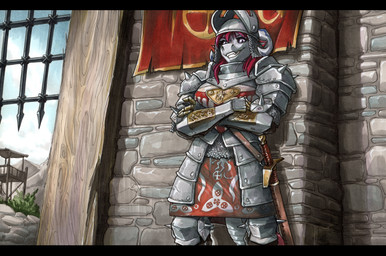 anthro armor biped black_bars breasts brick_wall detailed_background female gate hair horn medieval medieval_armor melee_weapon metal_armor non-mammal_breasts outside purple_eyes purple_hair scales solo sword wall_(structure) weapon white_body white_horn white_scales ewgengster mythology dragon mythological_creature mythological_scalie scalie wingless_dragon 2025 absurd_res hi_res letterbox traditional_media_(artwork)