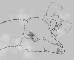 anus armwear bedroom_eyes big_ears big_tail blush bodily_fluids clothing drooling eyewear female fluffy_body genital_fluids genitals glasses lying masturbation messy_fur musk narrowed_eyes on_side pawpads paws round_glasses saliva seductive semi-anthro solo tail tongue tongue_out vulva wide_hips resachii rain_world videocult scholar_(xenope) slugcat hi_res
