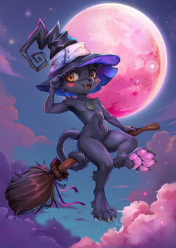 4_toes anthro broom broom_riding cleaning_tool clothing cloud feet female hat headgear headwear looking_at_viewer moon night pawpads paws solo toes witch_hat anni_rodie soul_eater blair_(soul_eater) felid feline mammal hi_res