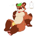 anthro asian_clothing belly bodily_fluids bulge canid canine clothed clothing east_asian_clothing ellipsis erection fur headgear headwear hi_res hug kemono male mammal nipples questioning_ellipsis raccoon_dog sdscrib simple_background solo sweat sweatdrop tanuki underwear