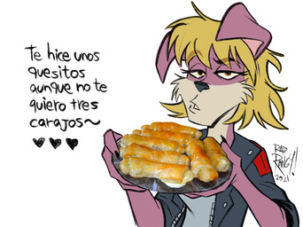 anthro blonde_hair bread cheese clothed clothing dairy_products dialogue eyebrow_through_hair eyebrows female food hair heart_symbol humor insult insulting_viewer jacket looking_at_viewer offering_to_viewer open_clothing open_jacket open_topwear profanity shirt simple_background solo talking_to_viewer text topwear translucent translucent_hair white_background radrangy nonpack karen_(nonpack) canid canine canis domestic_dog mammal 2021 dated hi_res reaction_image signature spanish_text translated