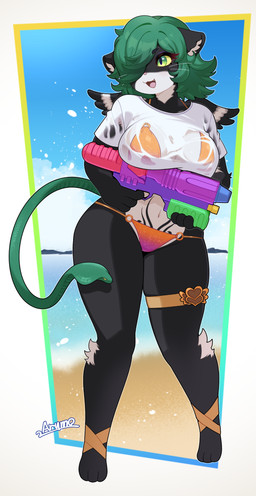 3_toes anthro beach bikini black_body breasts clothing day feathered_wings feathers feet female front_view green_eyes green_hair hair holding_object holding_toy holding_toy_gun holding_water_gun living_tail navel outside shirt smile snake_tail solo standing swimwear tail tattoo toes topwear toy toy_gun translucent translucent_clothing translucent_shirt translucent_topwear two-piece_swimsuit unusual_anatomy unusual_tail water water_gun whiskers white_body wings arumo felid mammal reptile scalie snake 2026 digital_media_(artwork) hi_res